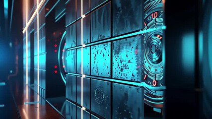Poster - A dimly lit corridor showcases advanced technology with illuminated panels and complex machinery, creating an immersive, futuristic atmosphere.