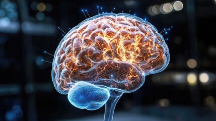 Poster - AI-powered human brain visualization with blue holographic lighting and flashes of digital energy.