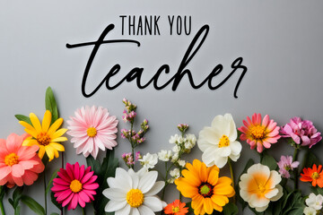  Colorful Floral Arrangement with Thank You Teacher Text on Gray Background
