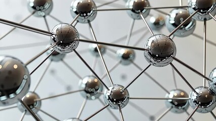 Poster - Metallic spheres are interconnected through thin lines, showcasing an intricate network that symbolizes scientific collaboration and innovation in a contemporary setting.