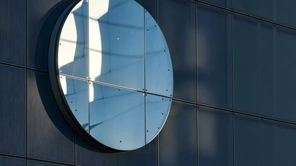 Poster - A circular mirror is mounted on the wall of a contemporary building, reflecting light and shadows from nearby structures during the late afternoon sunlight.