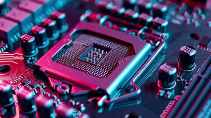 Poster - This intricate close-up reveals a computer motherboard with a processor socket at its center, illuminated by vibrant colors highlighting various electronic components.
