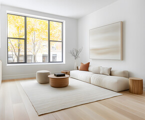 Poster - Bright, modern living room with large windows and minimalist decor