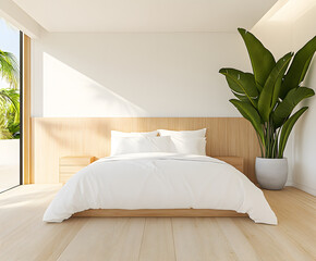 Poster - Modern bedroom with large window and potted plant