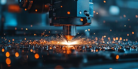 Poster - industrial laser cutting metal sheet, sparks fly, high-tech cnc machine in action. modern technology