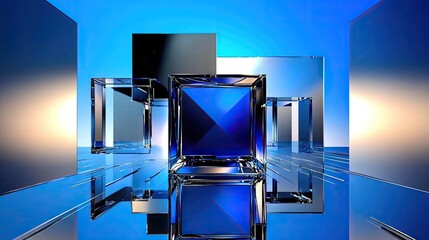 Poster - Bold blue futuristic background featuring sharp geometric overlays, glossy square accents, and subtle lighting.