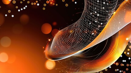 Poster - Bright orange digital wave background featuring soft white connections, glowing dots, and fluid technology design.