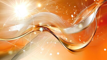 Poster - Bright orange digital wave background featuring soft white connections, glowing dots, and fluid technology design.