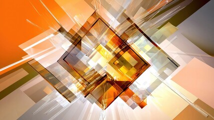 Poster - Bright orange futuristic background with geometric overlays, abstract lighting effects, and transparent glossy squares.