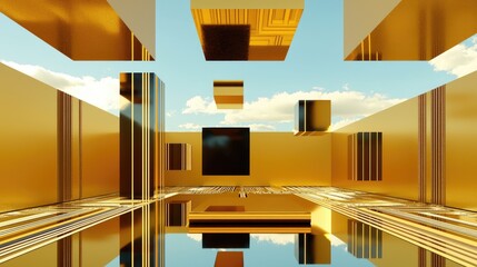 Aufkleber - Bright yellow abstract texture with multi-layered glossy squares, futuristic geometric depth, and stripe accents.