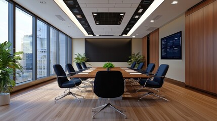 Poster - Business meeting in a futuristic conference room with smart touch screens.