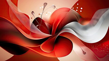 Poster - deep red abstract background with smooth waves, floating tech dots, and elegant white gradient effec