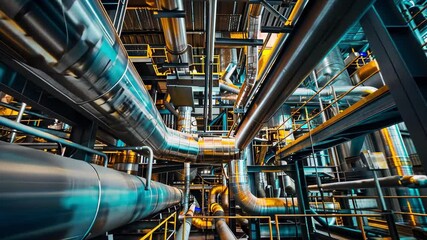 Poster - Intricate arrangement of shiny metal pipes crisscrosses a spacious industrial facility, illuminated by warm lighting in the early evening, showcasing the engineering marvel.