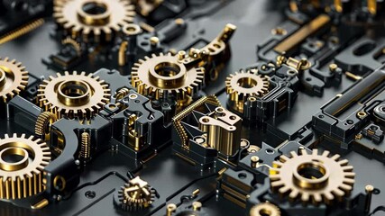 Poster - A detailed arrangement of shiny gold and black mechanical gears and components is displayed, emphasizing precision and intricate engineering craftsmanship.