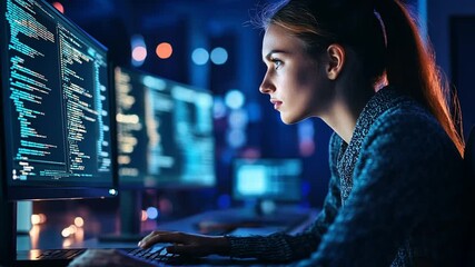 Poster - Focused Coder: Woman Concentrating on Computer Programming at Night