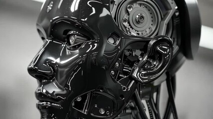 Poster - A close-up view of a robotic head reveals complex mechanics and a shiny black exterior in a contemporary workshop, highlighting advancements in robotics and engineering.