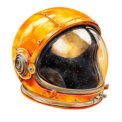 Wall Mural - Watercolor painting of a vintage orange space helmet its reflective visor revealing a starry cosmos within.