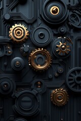 Poster - Intricate Gold Gears on Black A Metallic Symphony of Engineering Precision design Background