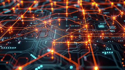 Poster - A vibrant network of glowing orange and blue lights intricately interconnects in a circuit design, showcasing a complex digital landscape representing modern technology.