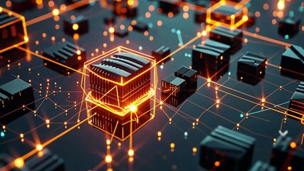 Poster - This visual showcases a specialized circuit board featuring glowing orange components connected by intricate pathways, creating a vibrant network in a dark environment.