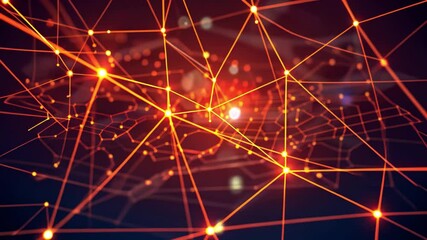Fototapete - Illuminated nodes and lines form a complex web, showcasing a vibrant digital network with a warm glow reflecting technological innovation and connectivity.