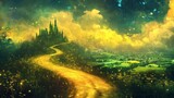 Enchanted Landscape with Golden Path Leading to a Mystical Castle