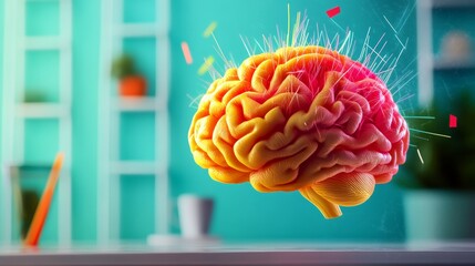 Poster - Brain with a yellow and orange color is shown in the air. The brain is surrounded by a lot of colorful sparks, which gives the impression of a brain explosion. Concept of excitement and energy