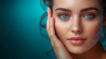 Poster - Woman with blue eyes and a white face mask. The mask is made of a mesh material and is covering her face