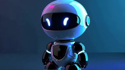 Poster - The small robot, featuring sleek lines and bright blue accents, stands confidently in a dimly lit setting, showcasing its modern engineering and design elements.