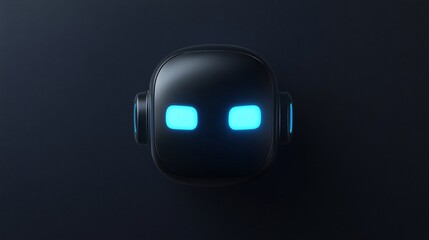 Poster - Cute black robot showing glowing blue eyes on dark background