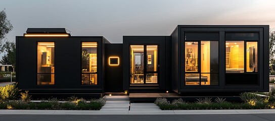 Poster - A contemporary black modular home illuminated with warm interior lighting