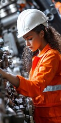 Poster - young female engineer in hard hat working on machinery in a factory setting, concentrated expression