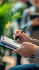Poster - A Person Writing Notes In A Small Notebook Using A Pen
