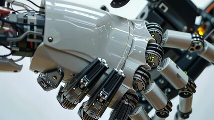 Poster - A robotic hand reaches out to connect with a human-like prosthetic hand inside a high-tech laboratory, illustrating the fusion of technology and human assistance.