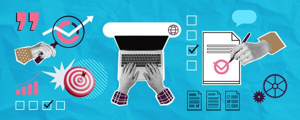 Poster - Business success concept with laptop, target, and checklist.
