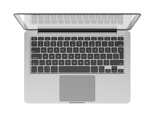 Poster - modern laptop with a sleek silver design, open at an angle, showing black keyboard and trackpad, iso