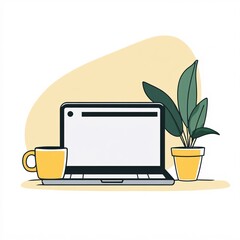 Poster - Laptop showing blank screen with coffee mug and potted plant