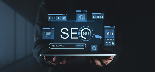 Poster - SEO digital marketing concept with holographic HUD interface displaying search optimization elements.