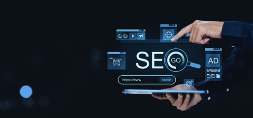 Poster - SEO digital marketing concept with holographic interface.