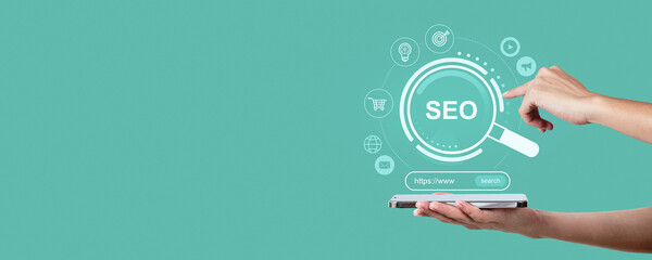 Poster - SEO digital marketing concept with holographic search icons.