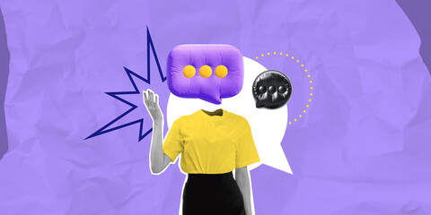 Poster - Abstract collage of a woman with a speech bubble as a head.