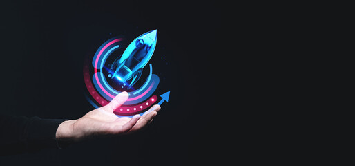 Poster - Futuristic digital rocket launch concept in human hand.