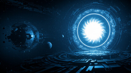 Poster - A blue 3D depiction in the realm of science and technology, showcasing a forward-looking digital landscape of an imaginative universe adorned with luminous circular flames