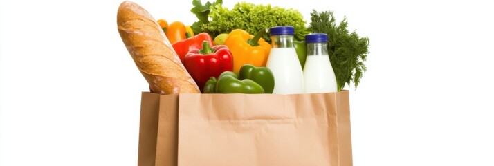 Poster - Fresh grocery bag filled with colorful produce, baguette, and milk on a bright background