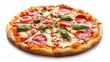 © taezhniya31 - Delicious pepperoni and ham pizza with basil leaves on white background.