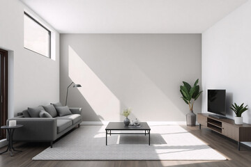 Poster - A bright living room interior features a grey sofa, coffee table, TV stand with a television, and potted plants.  Sunlight streams through a window illuminating the minimalist and modern design of the