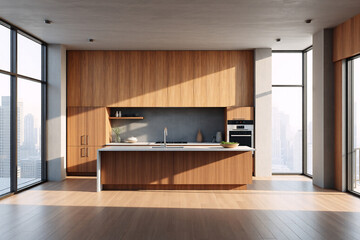 Poster - Modern kitchen with wooden cabinets and island, bright natural light streams through large windows, illuminating the minimalist interior and wooden floor.