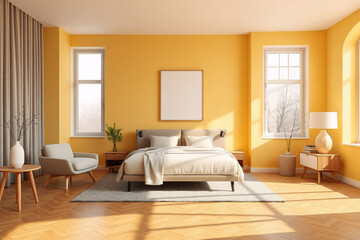 Aufkleber - Bright yellow bedroom with natural light, featuring a bed, chair, side tables, lamp, and plants, creating a cozy and inviting interior space.
