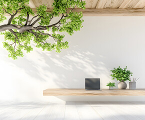 Poster - Modern interior with a wooden shelf and greenery accenting the design