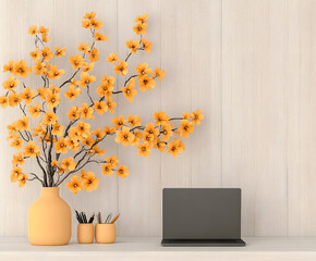 Poster - Bright yellow flowers in a vase next to a laptop on a wooden surface